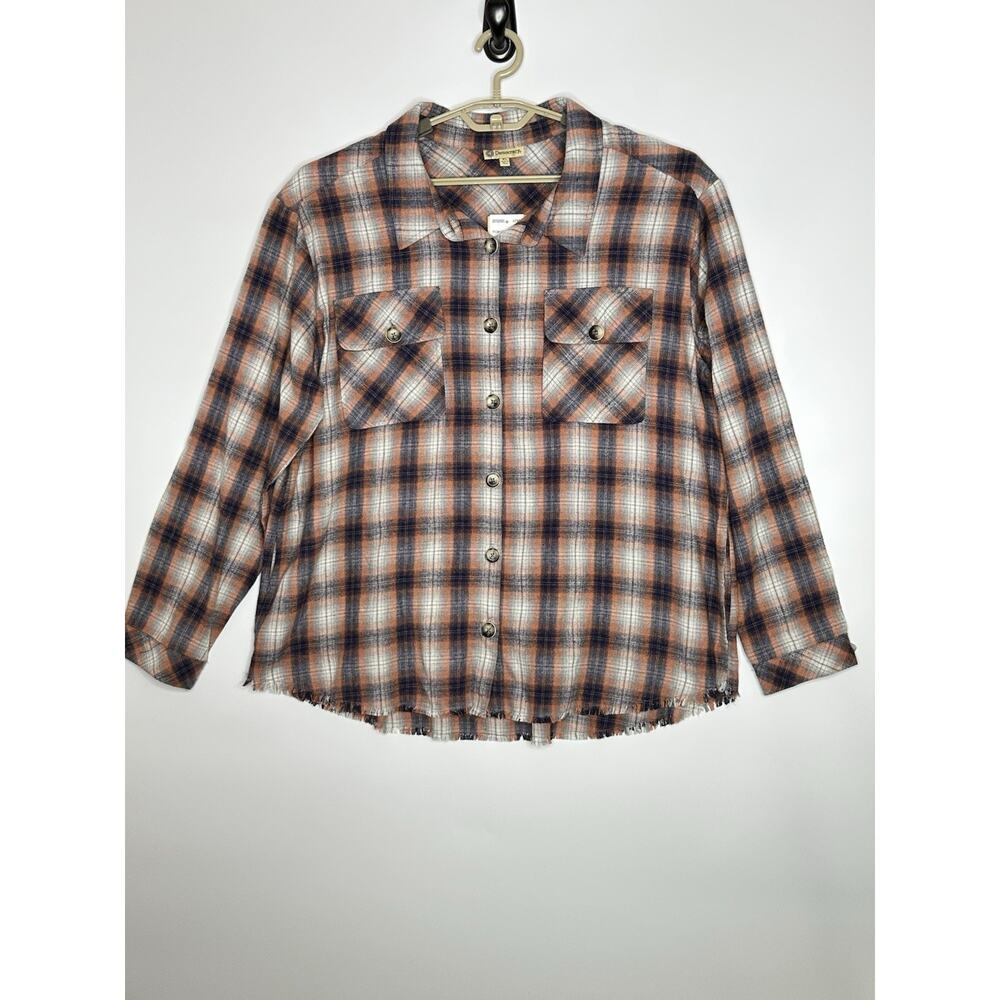 NWT Democracy Womens Plaid Flannel Shirt XL Grunge Fringe Hem Pockets 90s Casual